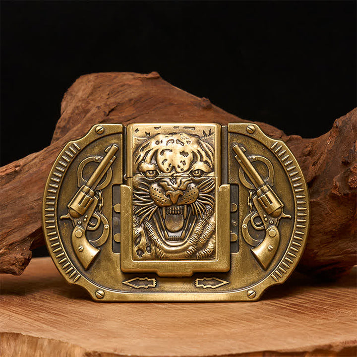 Men's DIY Bronze Tiger Wildlife Leather Belt with Hidden Lighter