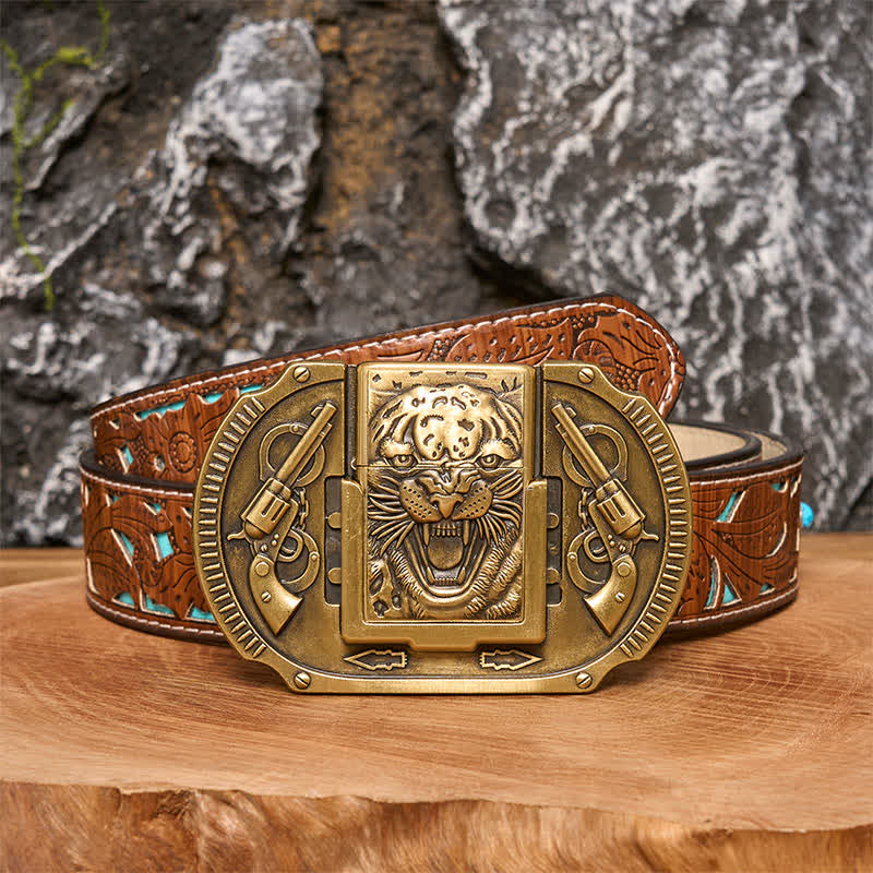 Men's DIY Bronze Tiger Wildlife Leather Belt with Hidden Lighter