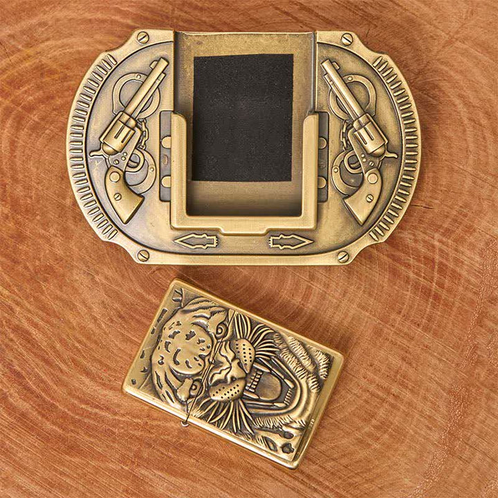 Men's DIY Bronze Tiger Wildlife Leather Belt with Hidden Lighter