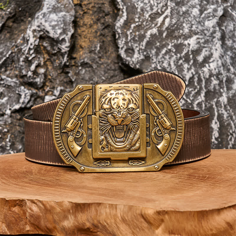 Men's DIY Bronze Tiger Wildlife Leather Belt with Hidden Lighter
