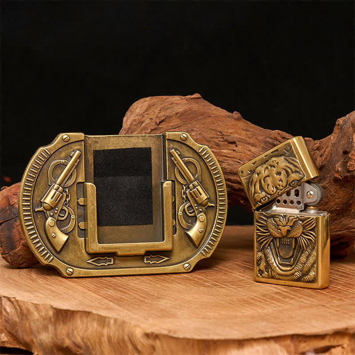 Men's DIY Bronze Tiger Wildlife Leather Belt with Hidden Lighter