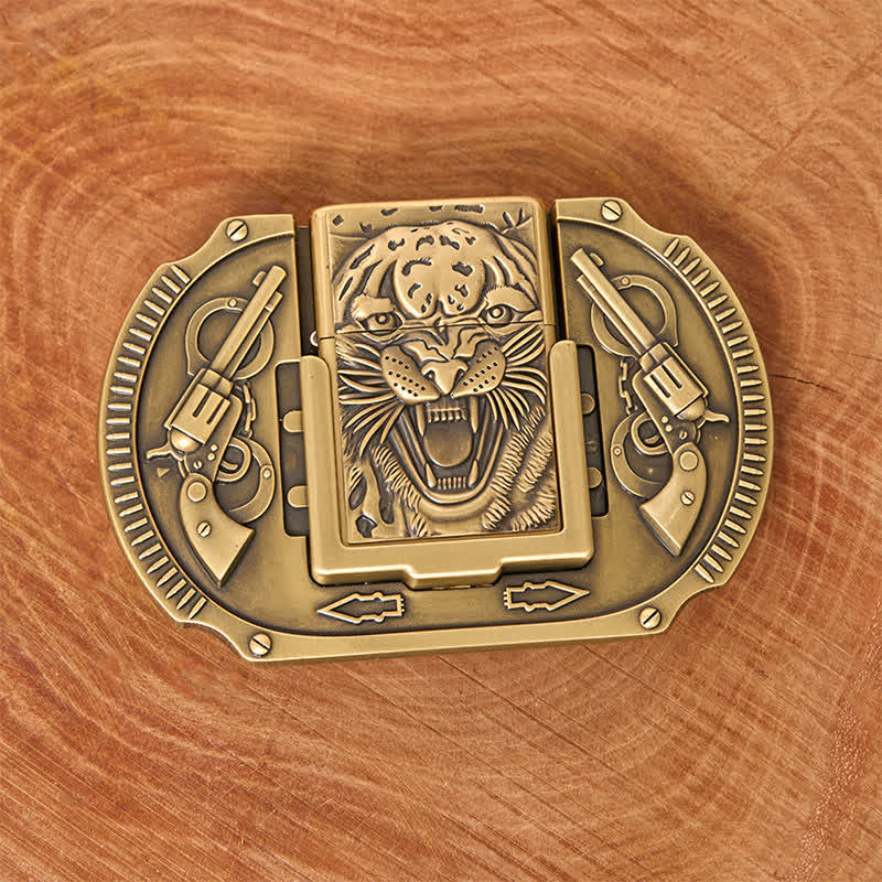 Men's DIY Bronze Tiger Wildlife Leather Belt with Hidden Lighter