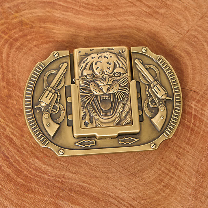 Men's DIY Bronze Tiger Wildlife Leather Belt with Hidden Lighter