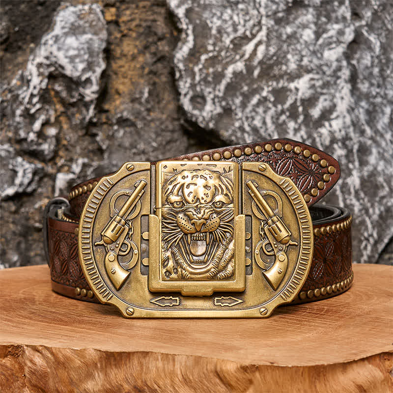 Men's DIY Bronze Tiger Wildlife Leather Belt with Hidden Lighter