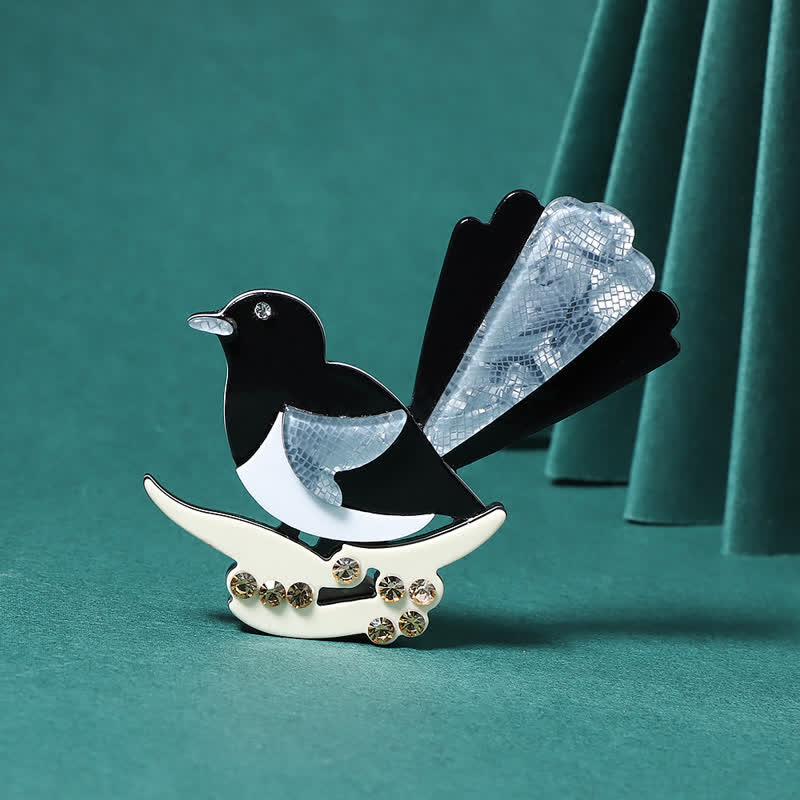 Black & Blue Magpie Bird Handmade Acrylic Brooch - Black & Blue - image 0