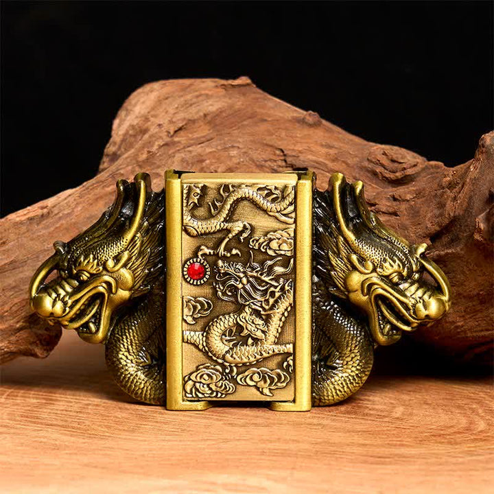 Men's DIY Bronze Double Dragons Leather Belt with Hidden Lighter