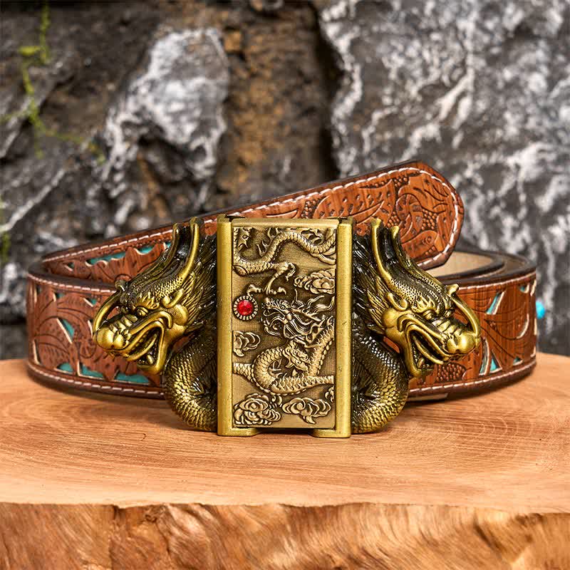 Men's DIY Bronze Double Dragons Leather Belt with Hidden Lighter - Dragon - Turquoise Carved Belt - 42 - image 6
