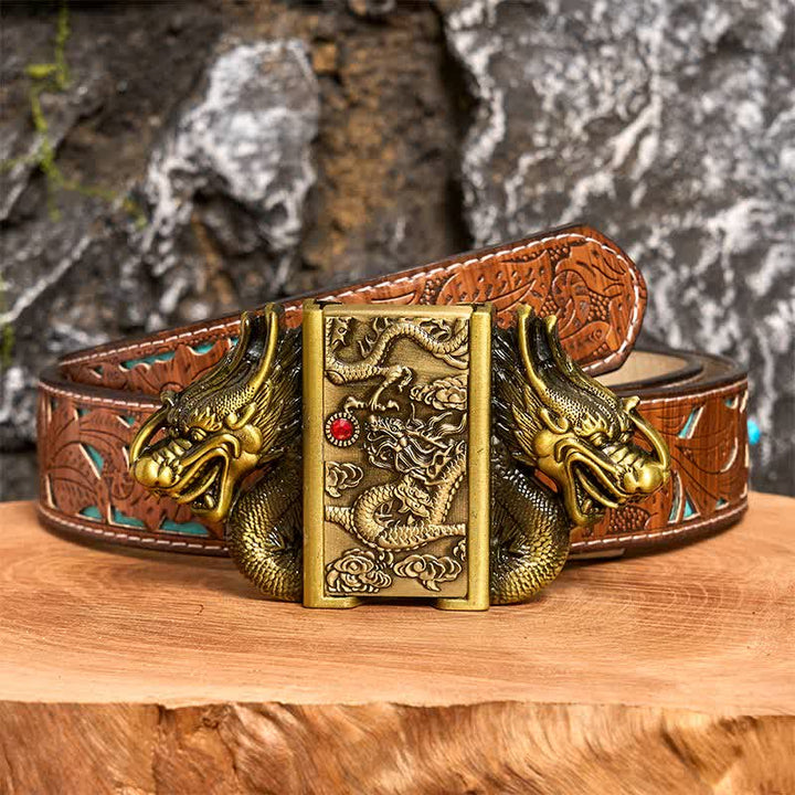 Men's DIY Bronze Double Dragons Leather Belt with Hidden Lighter - Dragon - Turquoise Carved Belt - 42 - image 6