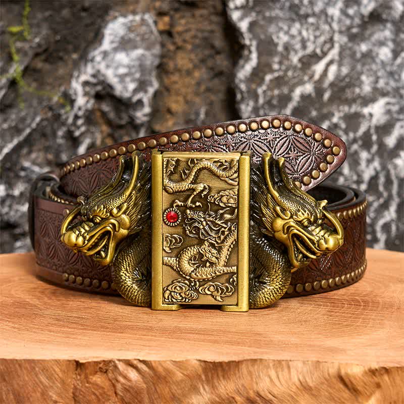 Men's DIY Bronze Double Dragons Leather Belt with Hidden Lighter - Dragon - Brown Rivet Belt - 42 - image 7