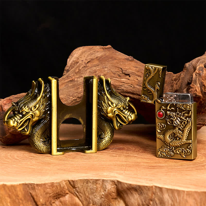 Men's DIY Bronze Double Dragons Leather Belt with Hidden Lighter