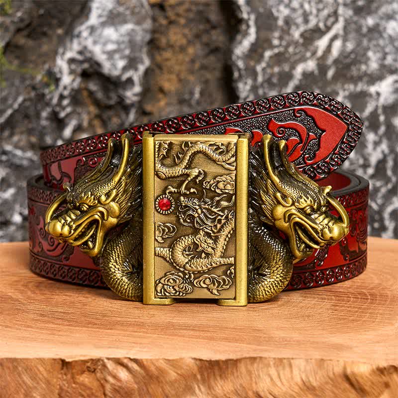 Men's DIY Bronze Double Dragons Leather Belt with Hidden Lighter