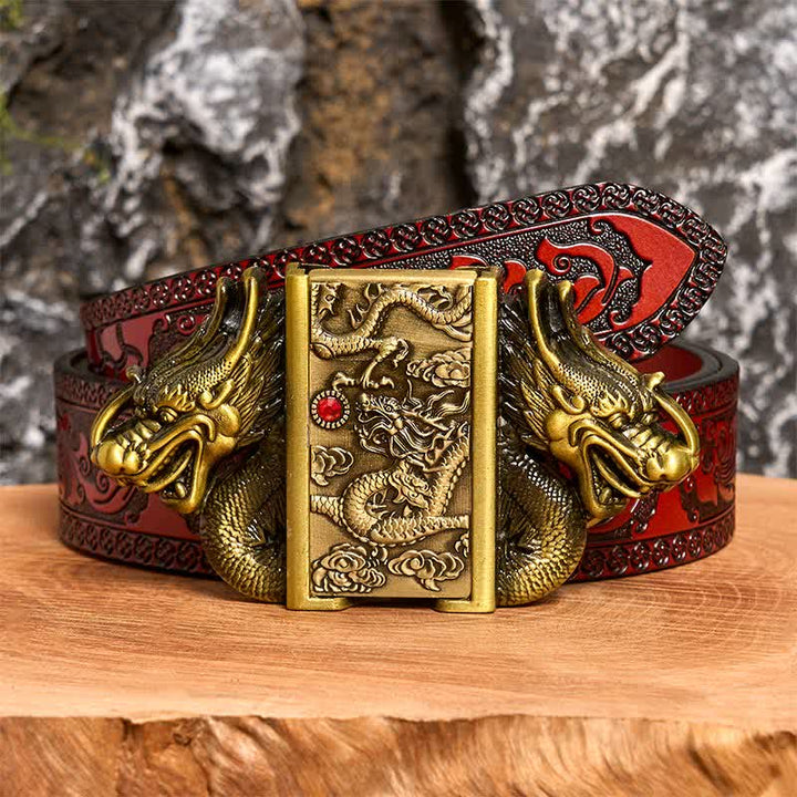 Men's DIY Bronze Double Dragons Leather Belt with Hidden Lighter