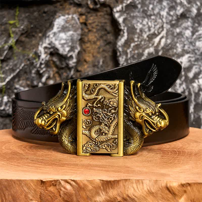 Men's DIY Bronze Double Dragons Leather Belt with Hidden Lighter