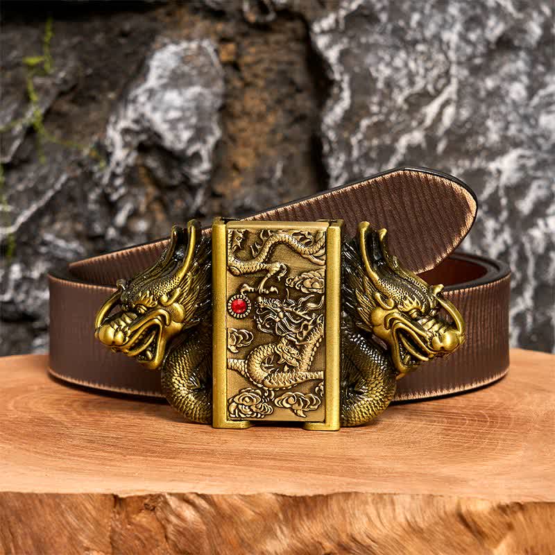 Men's DIY Bronze Double Dragons Leather Belt with Hidden Lighter