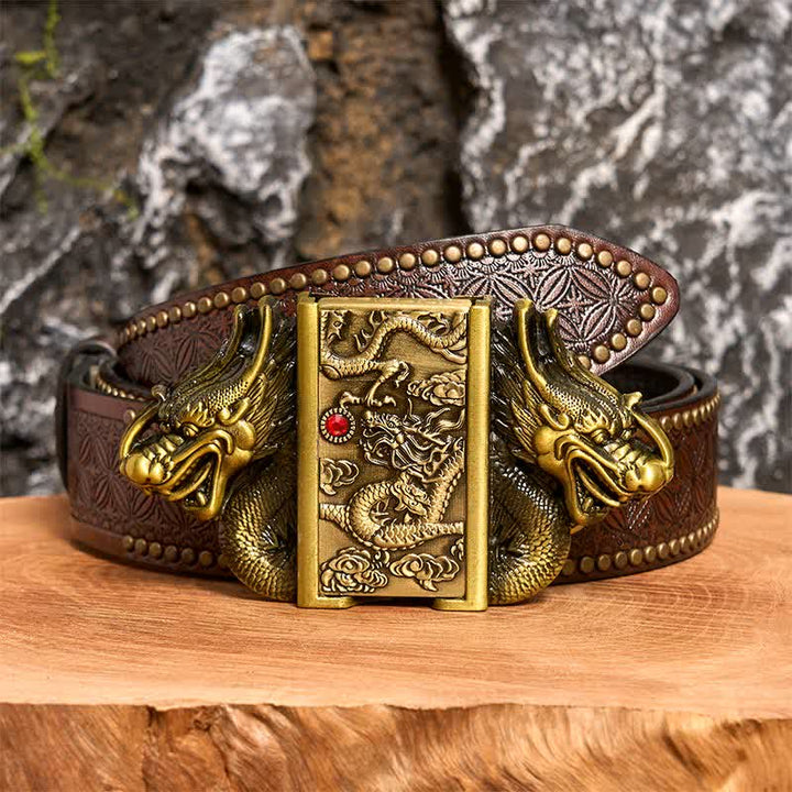 Men's DIY Bronze Double Dragons Leather Belt with Hidden Lighter