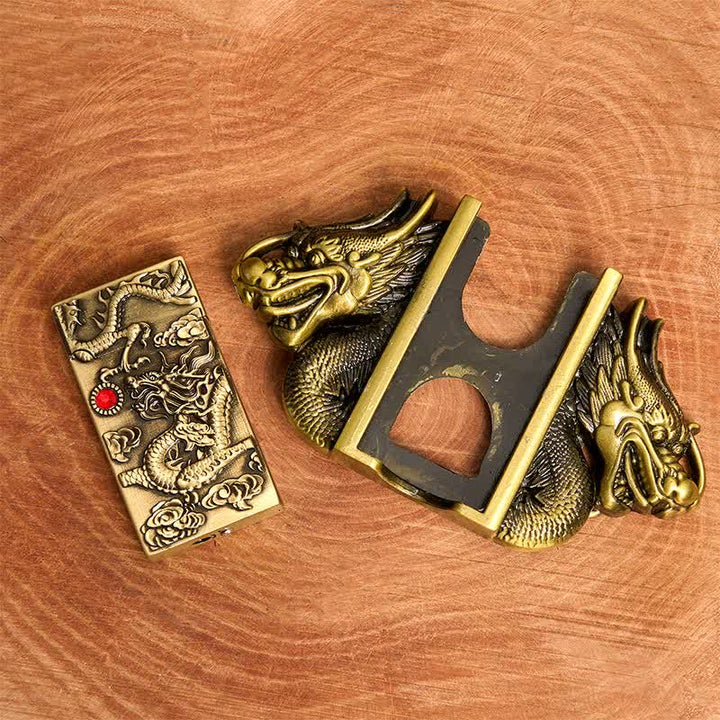 Men's DIY Bronze Double Dragons Leather Belt with Hidden Lighter
