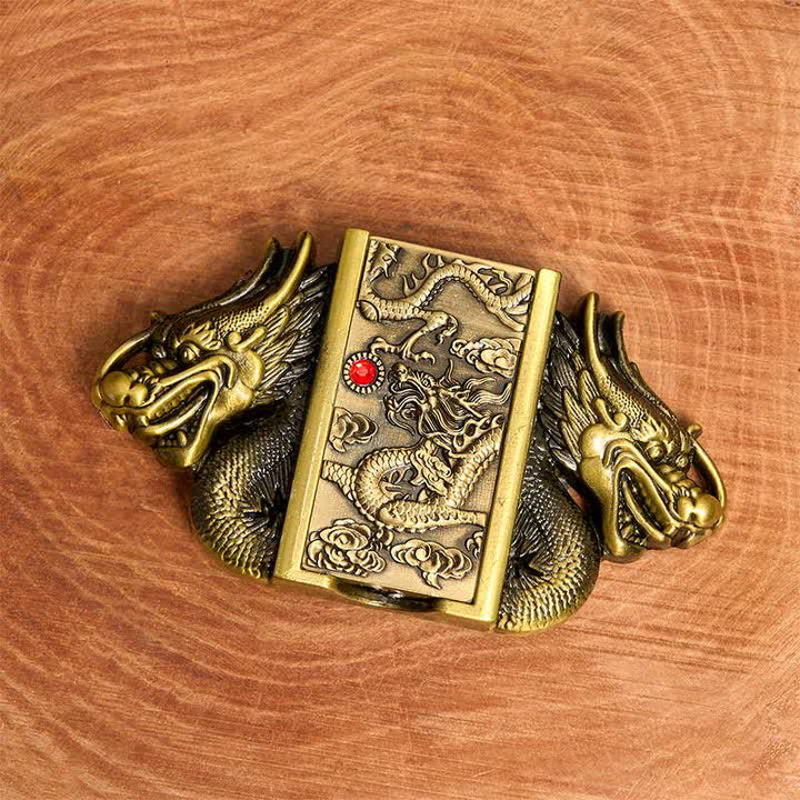 Men's DIY Bronze Double Dragons Leather Belt with Hidden Lighter