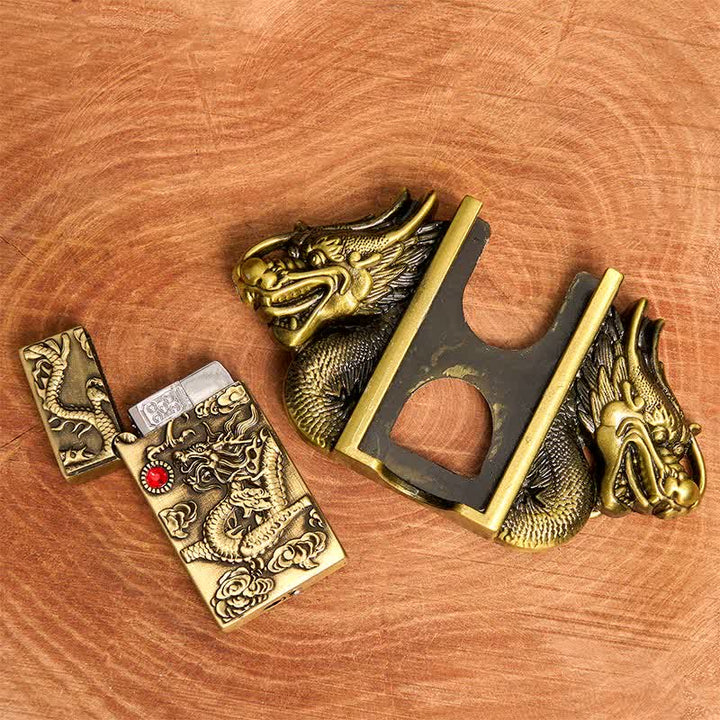 Men's DIY Bronze Double Dragons Leather Belt with Hidden Lighter - image 3