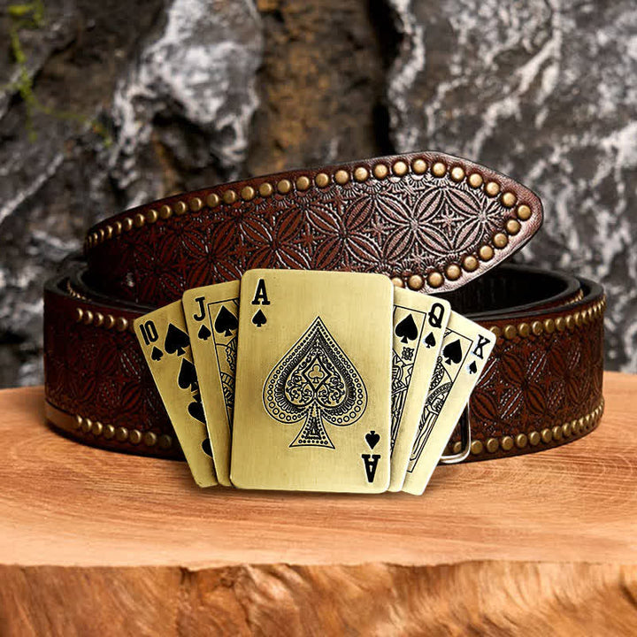Men's DIY Bronze Royal Flush Leather Belt with Hidden Lighter - Poker - Brown Rivet Belt - 42 - image 6