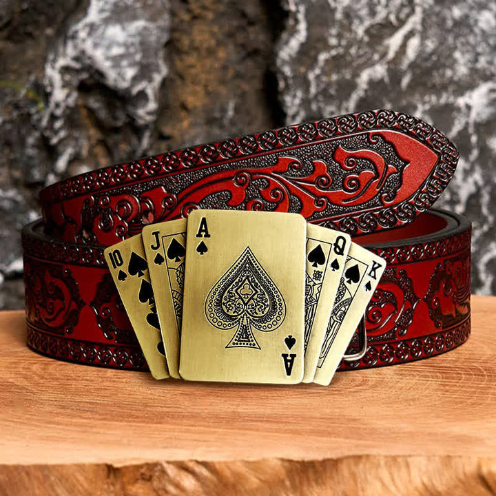 Men's DIY Bronze Royal Flush Leather Belt with Hidden Lighter - Poker - Brown Carved Belt - 42 - image 8
