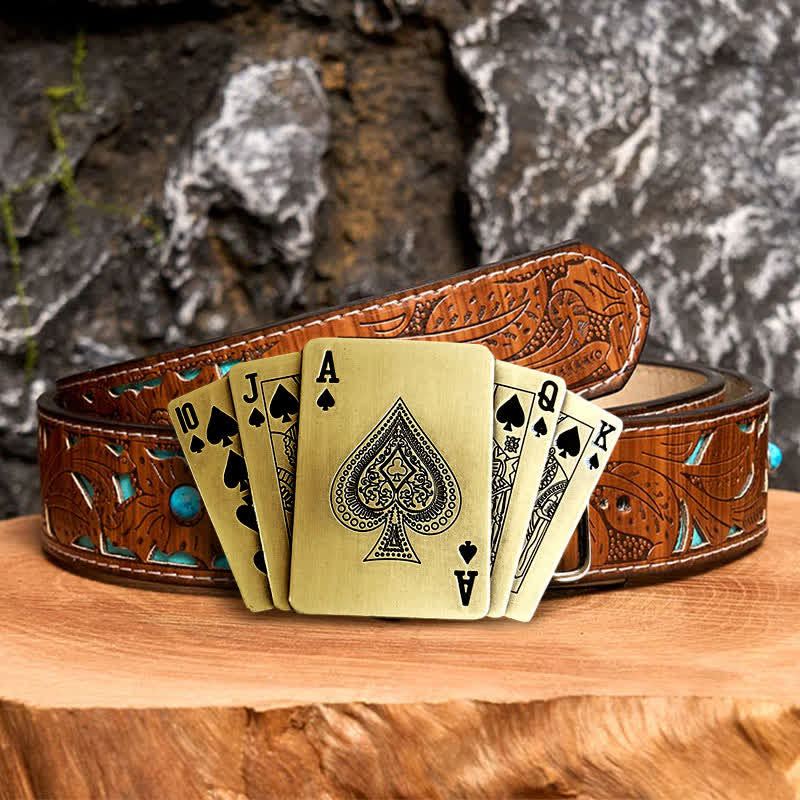 Men's DIY Bronze Royal Flush Leather Belt with Hidden Lighter - Poker - Turquoise Carved Belt - 42 - image 5