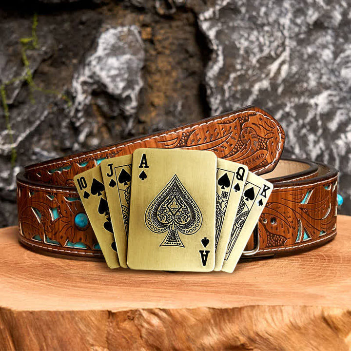 Men's DIY Bronze Royal Flush Leather Belt with Hidden Lighter - Poker - Turquoise Carved Belt - 42 - image 5