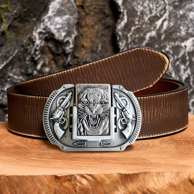 Men's DIY Silver Tiger Wildlife Leather Belt with Hidden Lighter