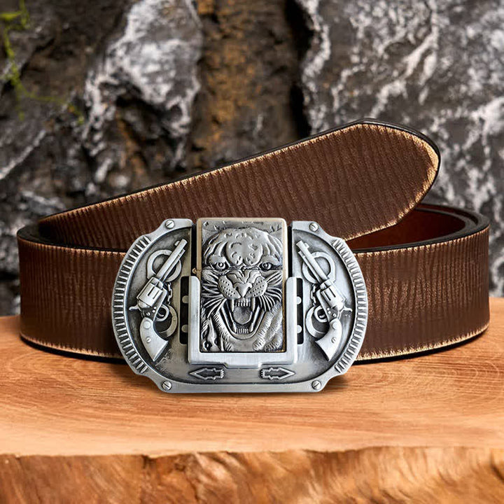 Men's DIY Silver Tiger Wildlife Leather Belt with Hidden Lighter