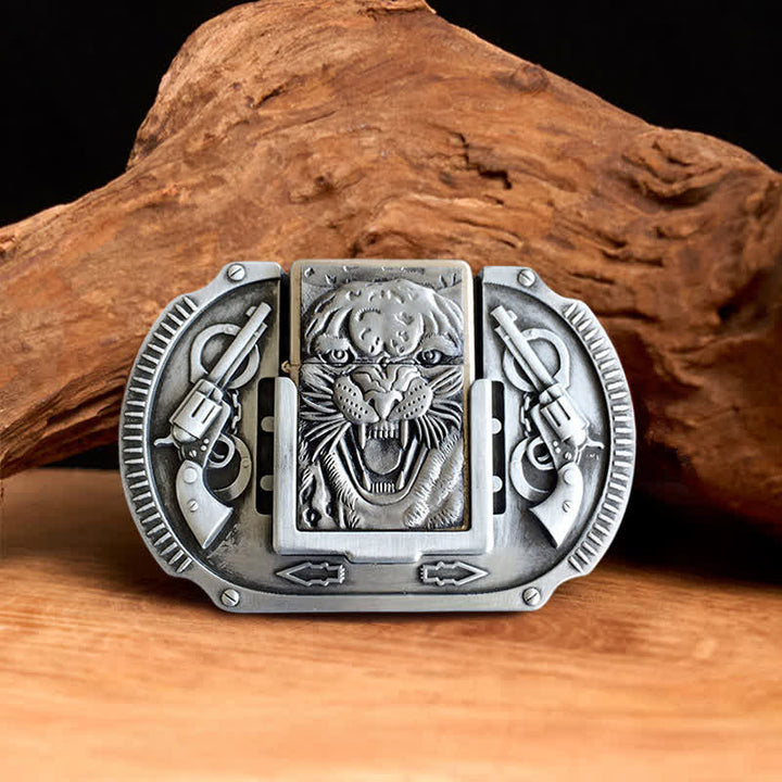 Men's DIY Silver Tiger Wildlife Leather Belt with Hidden Lighter