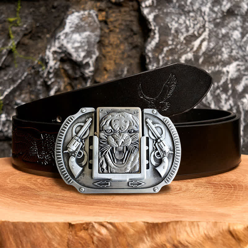 Men's DIY Silver Tiger Wildlife Leather Belt with Hidden Lighter