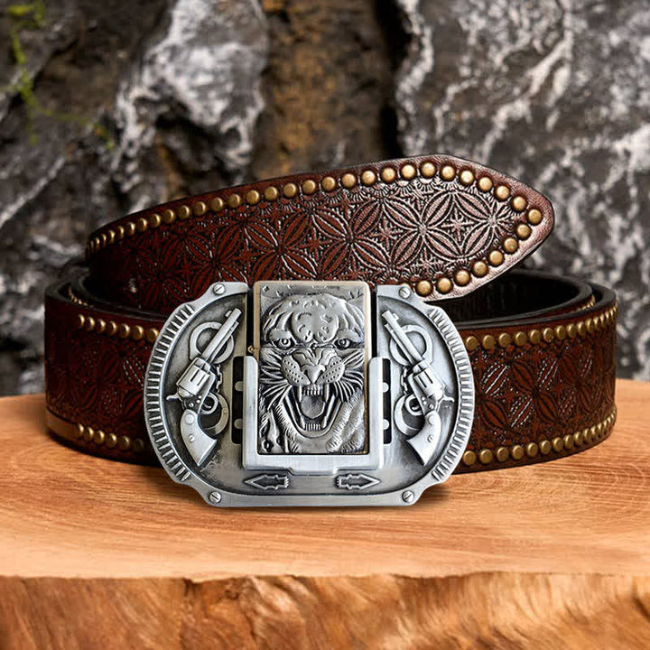 Men's DIY Silver Tiger Wildlife Leather Belt with Hidden Lighter