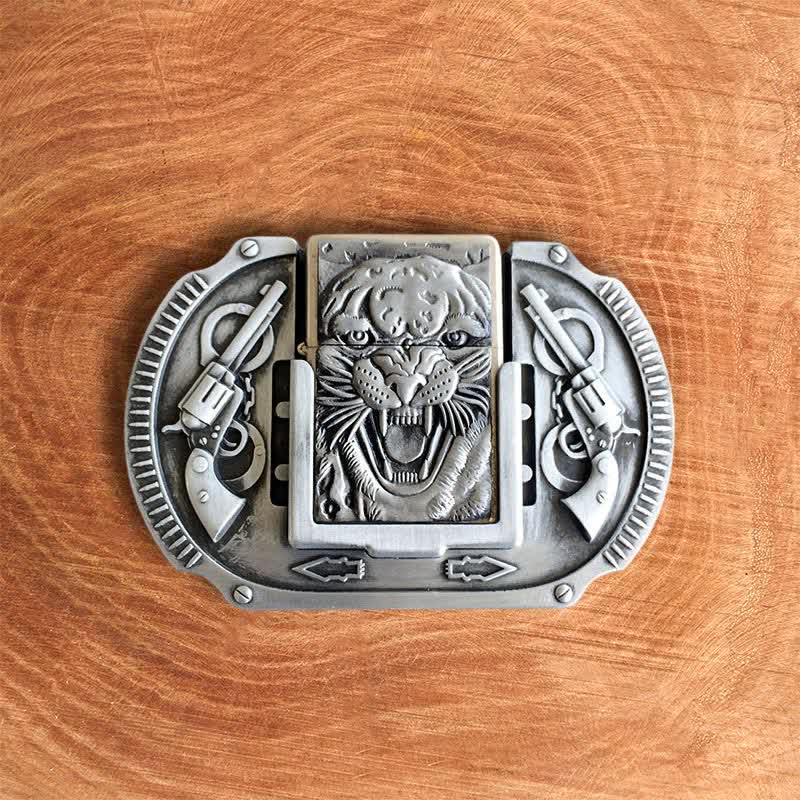 Men's DIY Silver Tiger Wildlife Leather Belt with Hidden Lighter
