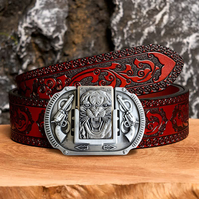 Men's DIY Silver Tiger Wildlife Leather Belt with Hidden Lighter
