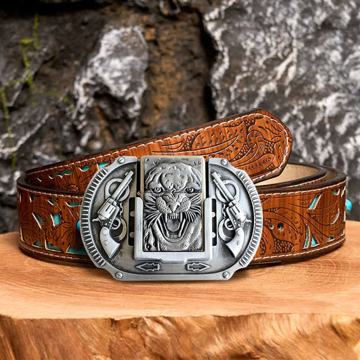 Men's DIY Silver Tiger Wildlife Leather Belt with Hidden Lighter