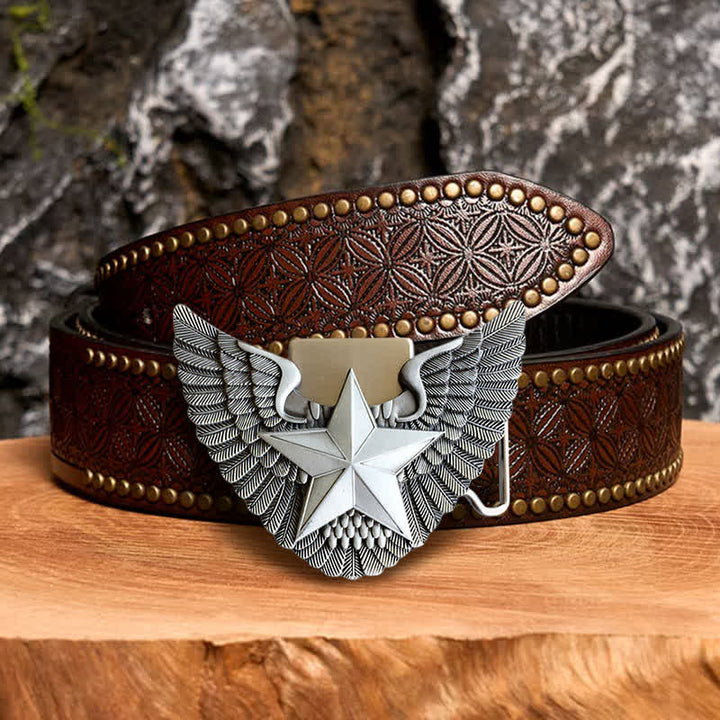 Men's DIY Angel Wing Star Leather Belt with Hidden Lighter