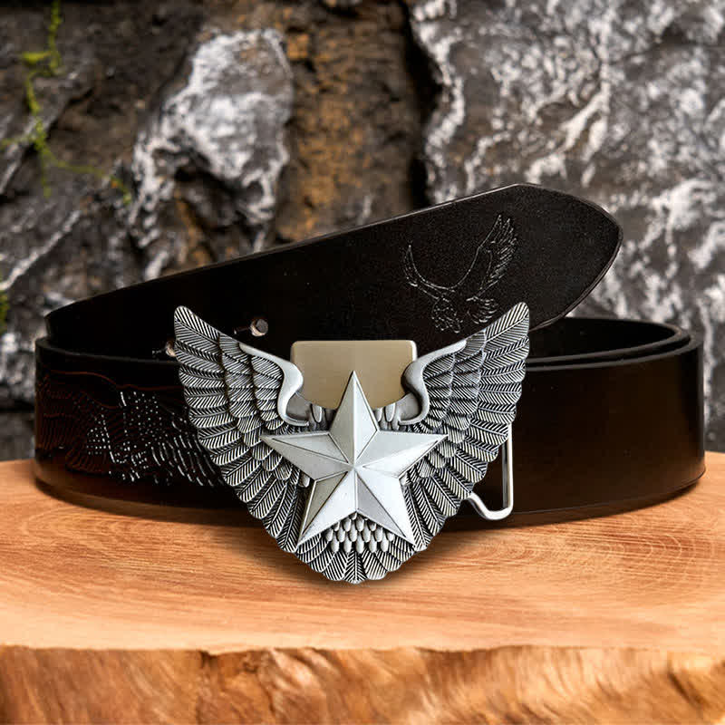 Men's DIY Angel Wing Star Leather Belt with Hidden Lighter - Star - Black Embossed Eagle Belt - 42 - image 2