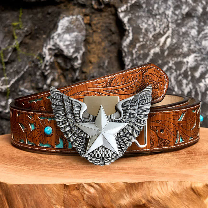 Men's DIY Angel Wing Star Leather Belt with Hidden Lighter - Star - Turquoise Carved Belt - 42 - image 3