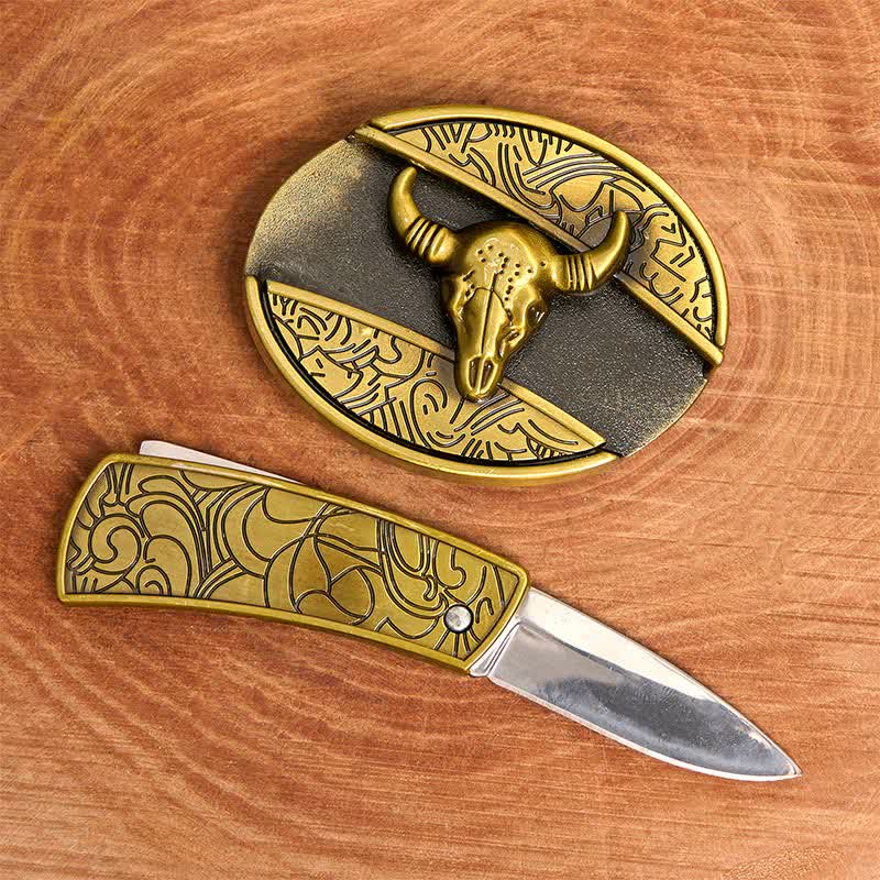Men's DIY Bronze Longhorn Bull Hidden Folding Knife Leather Belt - image 1