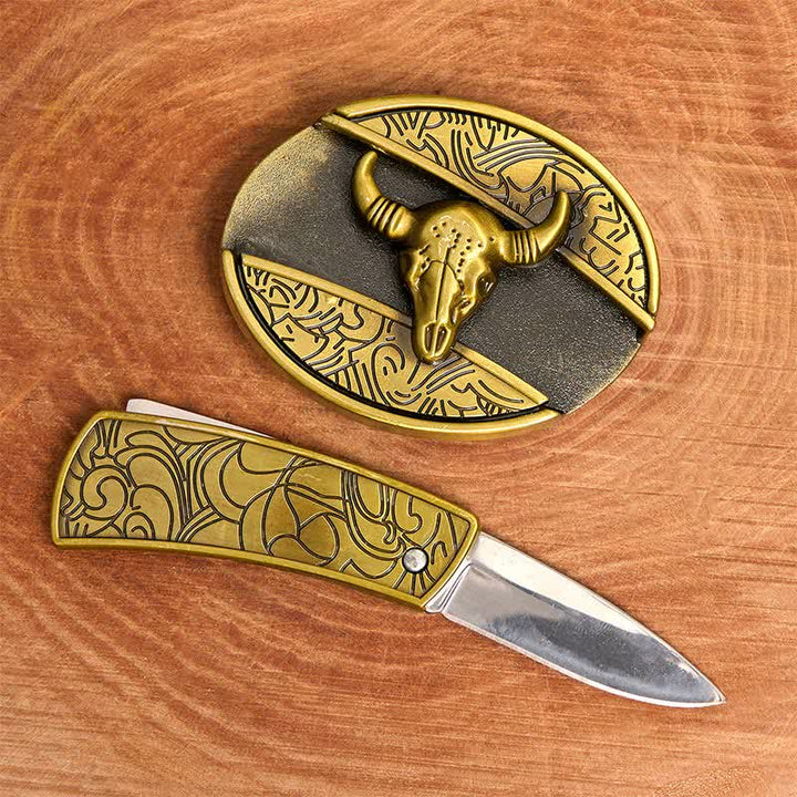 Men's DIY Bronze Longhorn Bull Hidden Folding Knife Leather Belt - image 1