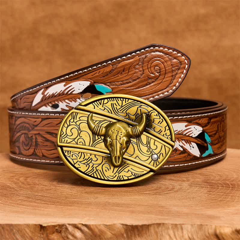 Men's DIY Bronze Longhorn Bull Hidden Folding Knife Leather Belt - Longhorn Bull - Brown Feather Belt - 40 - image 9