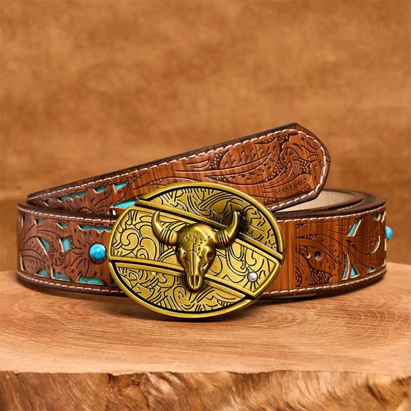 Men's DIY Bronze Longhorn Bull Hidden Folding Knife Leather Belt - Longhorn Bull - Turquoise Carved Belt - 42 - image 5