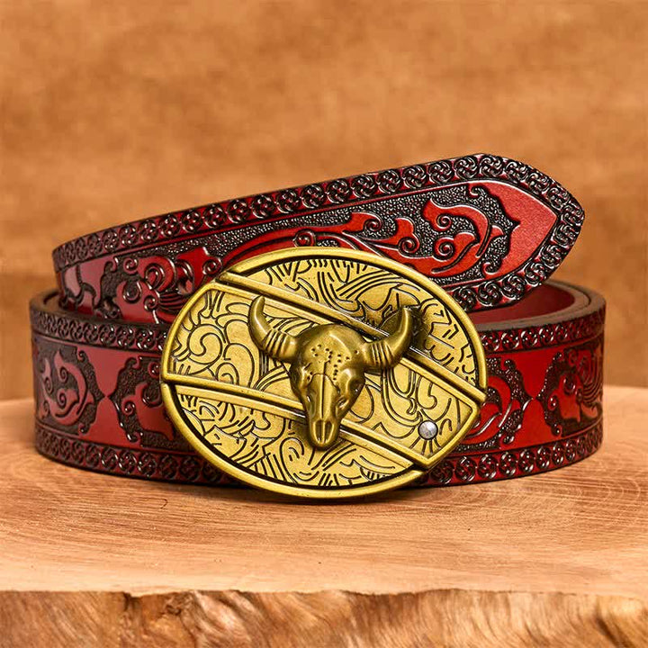 Men's DIY Bronze Longhorn Bull Hidden Folding Knife Leather Belt - Longhorn Bull - Brown Carved Belt - 42 - image 7