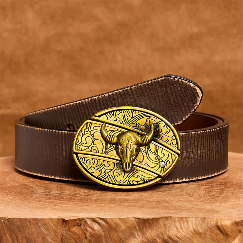 Men's DIY Bronze Longhorn Bull Hidden Folding Knife Leather Belt - Longhorn Bull - Brown Distressed Belt - 42 - image 9