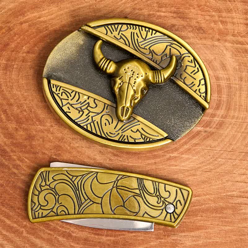 Men's DIY Bronze Longhorn Bull Hidden Folding Knife Leather Belt - image 3