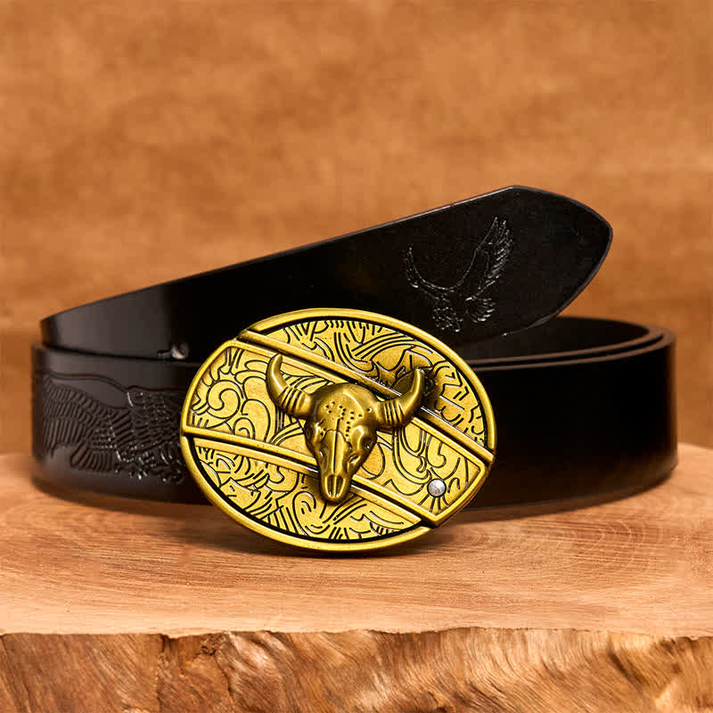 Men's DIY Bronze Longhorn Bull Hidden Folding Knife Leather Belt - Longhorn Bull - Black Embossed Eagle Belt - 42 - image 7