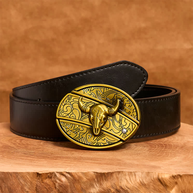 Men's DIY Bronze Longhorn Bull Hidden Folding Knife Leather Belt - Longhorn Bull - Black PU Belt - 42 - image 4