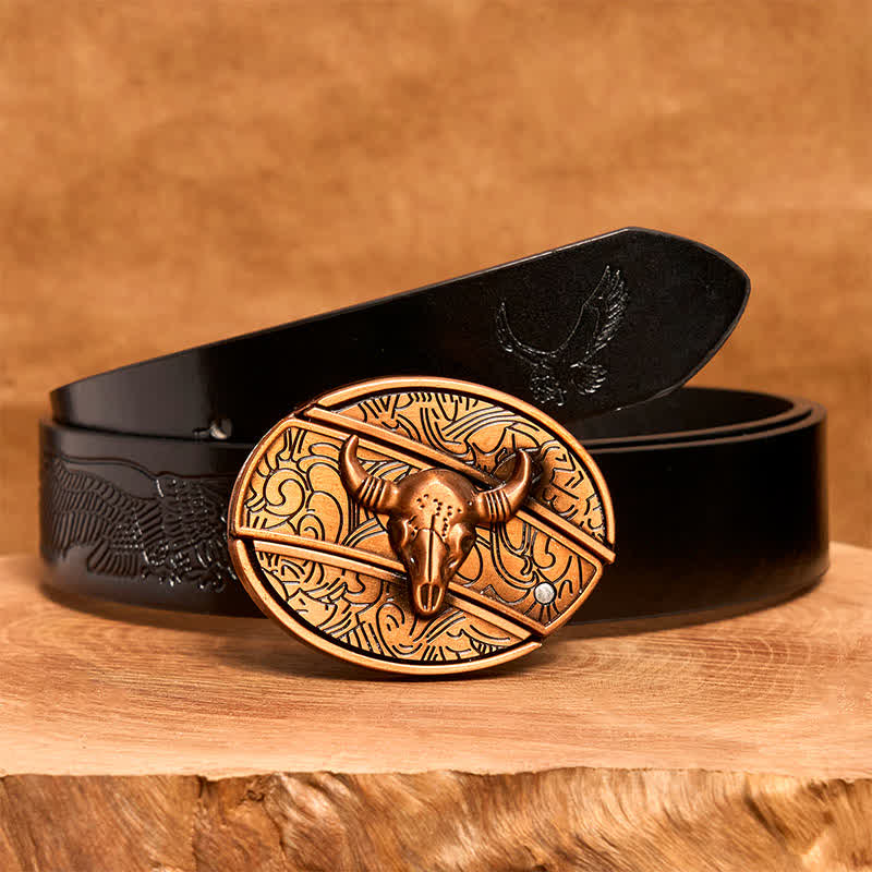 Men's DIY Red Bronze Longhorn Bull Hidden Folding Knife Leather Belt - Longhorn Bull - Black Embossed Eagle Belt - 42 - image 7