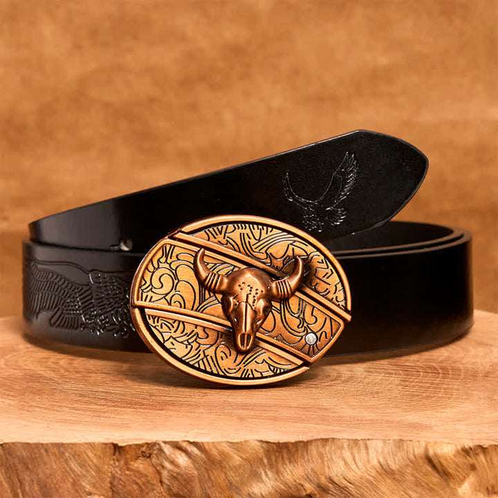 Men's DIY Red Bronze Longhorn Bull Hidden Folding Knife Leather Belt - Longhorn Bull - Black Embossed Eagle Belt - 42 - image 7