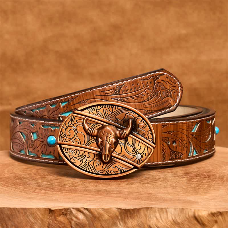 Men's DIY Red Bronze Longhorn Bull Hidden Folding Knife Leather Belt - Longhorn Bull - Turquoise Carved Belt - 42 - image 5