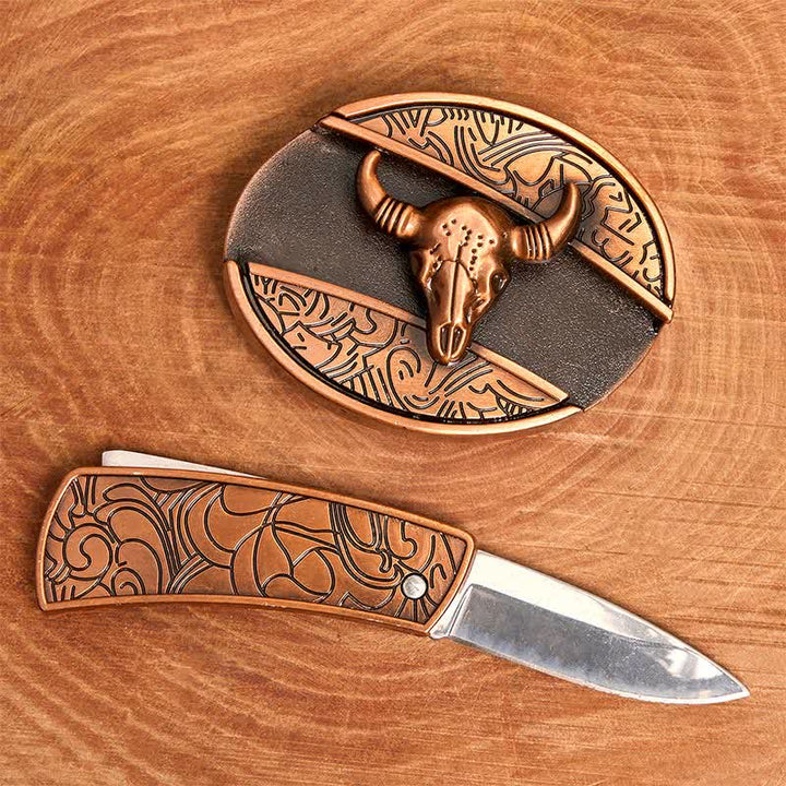 Men's DIY Red Bronze Longhorn Bull Hidden Folding Knife Leather Belt - image 2